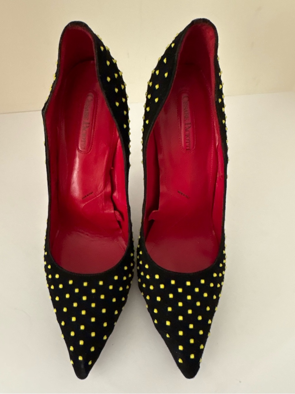 Cesare Paciotti Black Suede Pumps w/ yellow studs. Sz  9.5. Pointed toe. 5” heel
